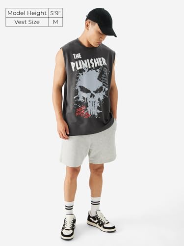 Image of The Souled Store Official Punisher: Graffiti Men and Boys Round Neck Sleeveless Grey Graphic Printed Regular Fit Cotton Vests
