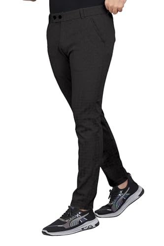 Image of Mehrang Men's Casual Textured Regular Fit Trousers, Formal Pants with Button Closure, Side Pockets, Polyester Trouser for Men