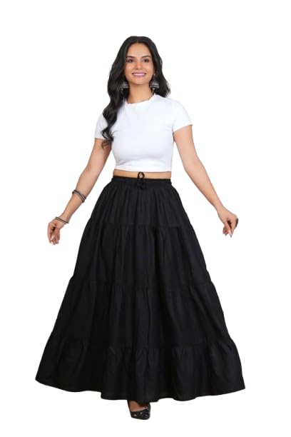 Women's Black Tiered Maxi Skirt, Flared A-Line Style with Drawstring Waist, Casual Wear-picture-37