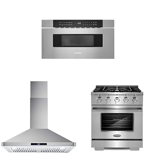 COSMO 3-Piece Kitchen Appliance Packages, 30" Microwave Drawer No Handle with Digital Controls, 30" Wall Mount Range Hood and 30" Gas Range