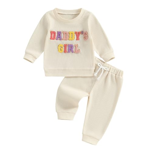 Image of NZNDSHD Daddys Girls Baby Clothes Waffle Knit Mamas Girl Letter Embroidered Long Sleeve Sweatshirt Pants Set Fall Outfit