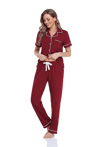 Image of COLORFULLEAF Women's 100% Cotton Pajamas Set Button Down Sleepwear Short Sleeve Shirt and Long Pants Soft Ladies Lounge Sets