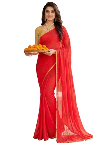 Image of SAREE MALL Women's Red Chiffon Floral Embellished Saree With Unstitched Blouse Piece (DOLY2604 AI2)