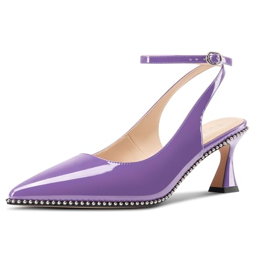 Image of NobleOnly Womens Slingback Heels Beaded Pumps Ankle Strap Pointed Toe Kitten Heels Dress Shoes 2.6 Inches