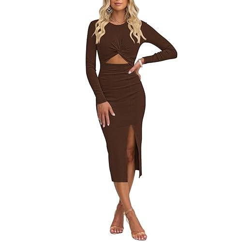 Pink Queen Women's Crew Neck Long Sleeve Midi Dress Cutout Twist Front Bodycon Slit Pencil Ribbed Knit Dresses X-Large Chocolate