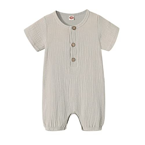 Image of Happy Town Infant Baby Girl Boy Jumpsuit Cotton Linen Romper Short Sleeve One-Piece Bodysuit Infant Summer Clothes Outfits (Light Grey, 3-6 Months)