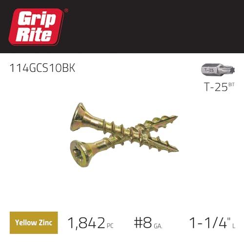 Image of Grip Rite 114GCS10BK #8 by 1-1 /4-inch Type 17 Coarse Thread Yellow Zinc Plated T-25 Star Drive Bulk Construction Screws 1,842 Count, 10lbs.