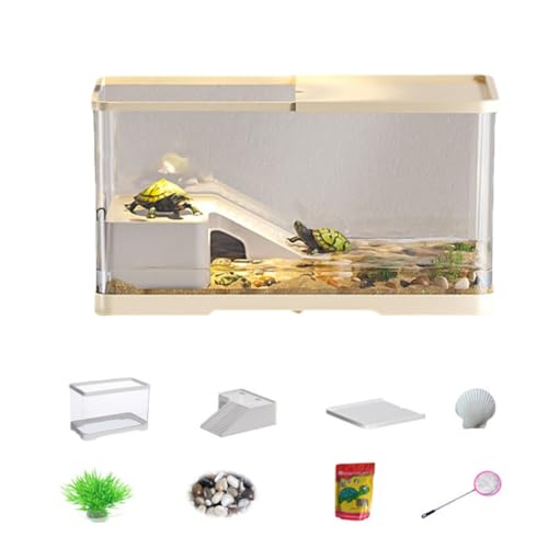 Quxxuol 亀 水槽 亀の飼育ケース 水槽セット 亀ケージ【蓋付き/収納機能/水交換超簡単/餌やりが便利】 360°観察 透明 軽量 両生類用 カメ生息地 魚用水槽用も可能 (イエロー,中型サイズ)