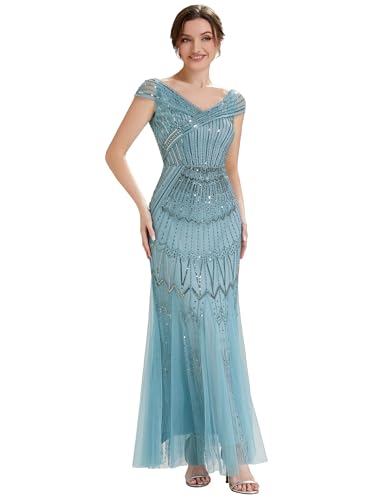 Ever-Pretty Robe de Soirée Chic Encolure Bateau Manches Courtes Paillette Maxi Robe sirène Bleu Ciel 46