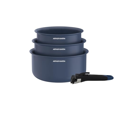 Arthur Martin - Set de 3 Casseroles en Aluminium 2,5 mm, Revêtement Céramique et Poignée Effet Bois, Compatibles Tous Feux Dont Induction, 16-18-20 cm, Bleu