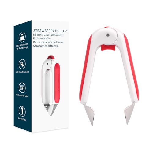 KITCHENDAO Strawberry Huller Corer Stem Remover with Safety Lock, Non-Slip Soft-touch Handle, Sharp Blades, Dishwasher Safe,1 Pack