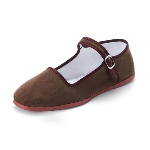 sugarscent Women's Classic Chinese Mary Jane Shoes Slippers China Doll Flats Buckle Slip On Kung Fu Shoes (Coffee Velvet, Adult, Women, 8.5, Numeric, US Footwear Size System, Medium)