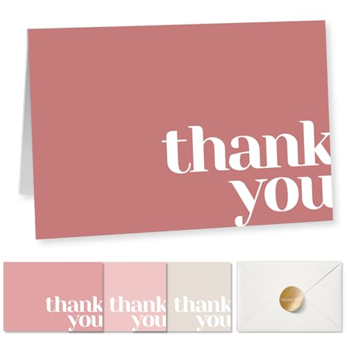 Paper Play Thank You Cards Bulk Pack of 40 Pink, 5x3.5 Inches with Matching Stickers & Envelopes, Minimalistic Design Suitable for Business, Baby Shower, Wedding, Small Business, Graduation, Funeral