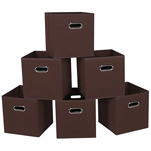SEVENDOME Fabric Cloth Storage Bins,Fabric Cube Bins Organizer with Dual Handles Foldable Cube Storage Baskets for Home Bedroom Storage,Set of 6,(Coffee)