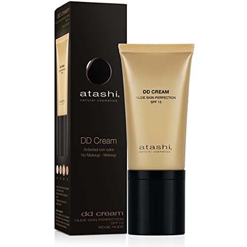 Atashi DD Cream Anti-Age No Make up Make up Treatment. Creme Visage Anti Rides et Perfecteur | Correction Colorielle Effet Liftant | Anti Taches Visage | Flacon Airless | SPF15 | Beige Nude - 50 ml Cover