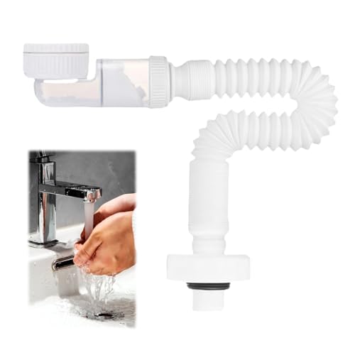 Jortmrd Siphon Lavabo Flexible 1 1/4", Évacuation Extensible 38-93 cm, Anti-Odeurs & Gain de Place, Compatible Lavabo de Salle de Bain, Cuisine, Tuyau de Vidange Réglable et Remplaçable (Blanc)