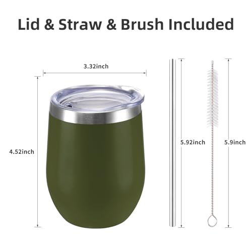 Image of 12 oz Insulated Stainless Steel Stemless Wine Tumbler with Lid and Straw, Navy Green