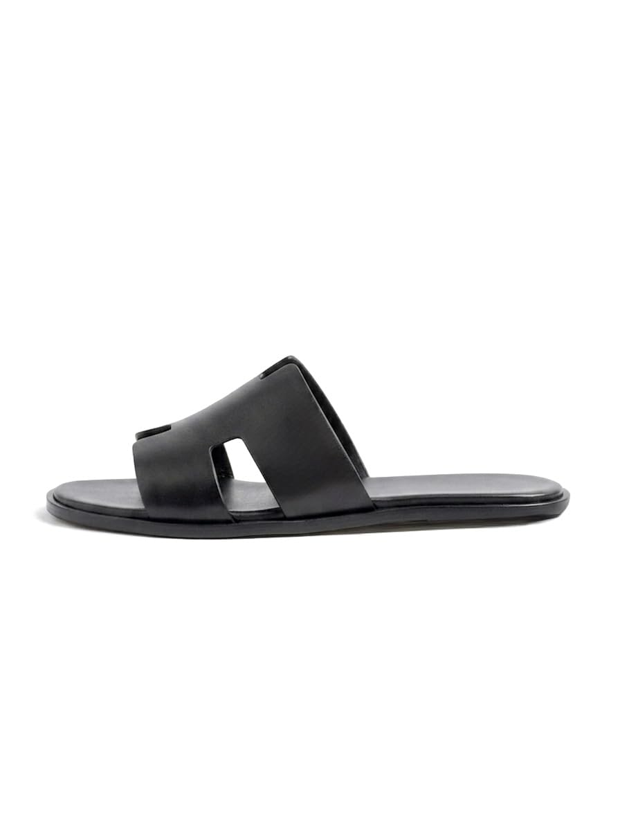 micheal feraas Men's Black Leather H-Strap Sandals – Comfortable Slip-On Flat Sole Casual Summer Outdoor Footwear-picture-23