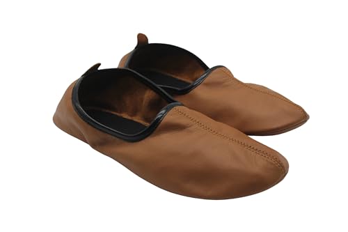 Women's Indoor Leather Slippers Tan Color Traditional Babouche House Shoes Barefoot Moccasin