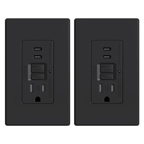 ELEGRP GFCI Outlet with USB Ports, 15 Amp Self-Test GFCI Combination with Dual USB C Ports, 24W Max Total Output, Tamper Resistant GFCI USB Outlet with Wall Plate, UL Listed, Matte Black, 2 Pack
