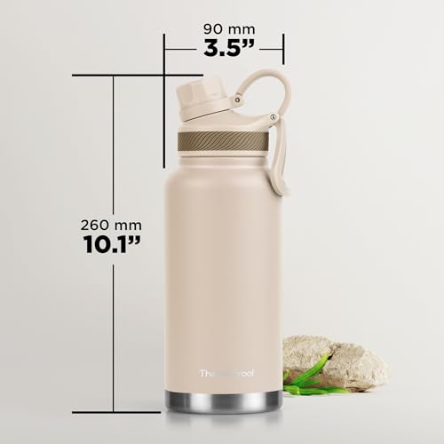 Image of ThermoProof Double-Walled Vacuum Insulated Stainless Steel Water Bottle - Wide Mouth Canteen, Spout & Straw Lids, Dishwasher Safe, Reusable, Leakproof, Hot & Cold for Men, Women & Kids - 32oz, Taupe