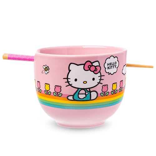 Image of Silver Buffalo Sanrio Hello Kitty Spring, Ramen Bowl with Chopsticks, 20oz | Summer Flowers, Rainbow Stripes, Ceramic, Noodle Rice, Microwave Safe, 0.59 Liters