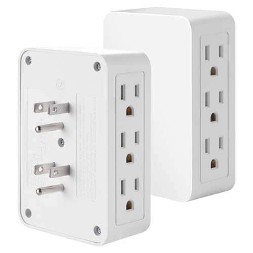 FiiMan 6 Outlet Wall Adapter UL Listed 3-Prong Grounded Outlet to The Side Wall Plug Side Access Adapter 6 Way Outlet Extender Tap White (2) FM-LA31-W