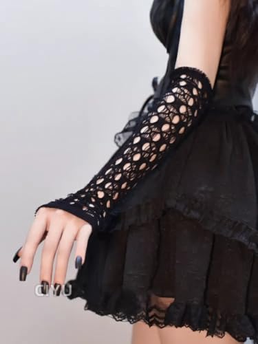 Medium-Long Hollow-Out Party Gloves, Fashionable Black Stretchy Breathable Fingerless Gloves2