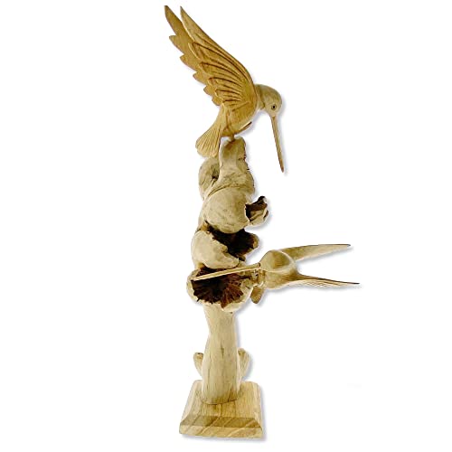 THE JOY TREE Wood Hummingbird Sculpture Figurine - Perched Hummingbirds Hand Carved Statue Jempinis Wood