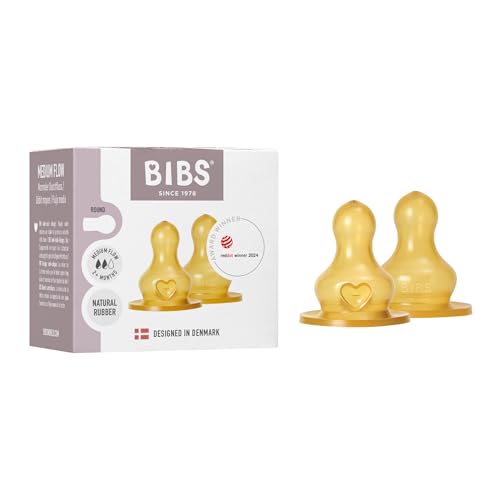 BIBS Baby Bottle Nipple, Natural Rubber, 2+ Months, Medium Flow, 2-Pack