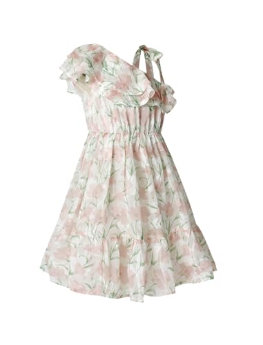 Girls Floral Dress One Shoulder Ruffle Sleeves Summer Casual Dress Pink Tulip 3-9 Y2