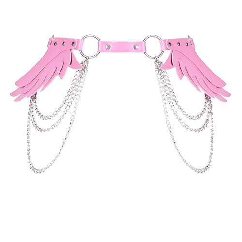 Heavelove Womens Leather Harness Angel Wings Punk Garter Belt Leg Belt Waist Chains Adjustable Size Halloween Rave Costume Accessories (Pink)