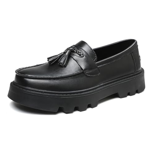 Image of Men's Black Soft Patent Leather Platform Chunky Heel Loafers Fashion Tassel Business Casual Formal Work Shoes Non-Slip Lug Sole Slip-On Penny Loafers