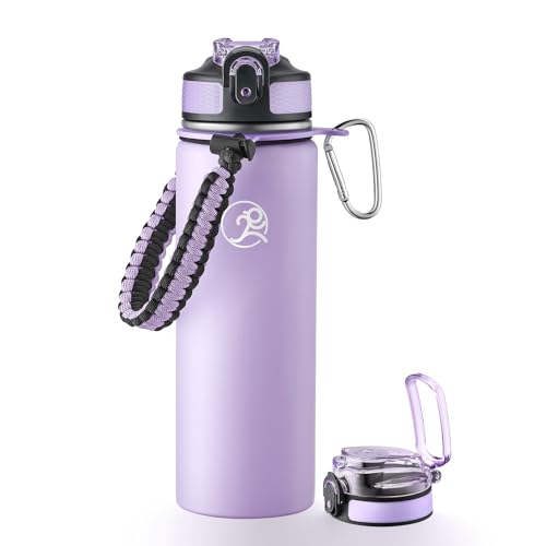 Image of GOSWAG 24oz Insulated Stainless Steel Travel Water Bottle, 2 Lids | with straw and no straw, Paracord handle, Double-wall vacuum keeps drinks cold or hot, Leakproof tumbler