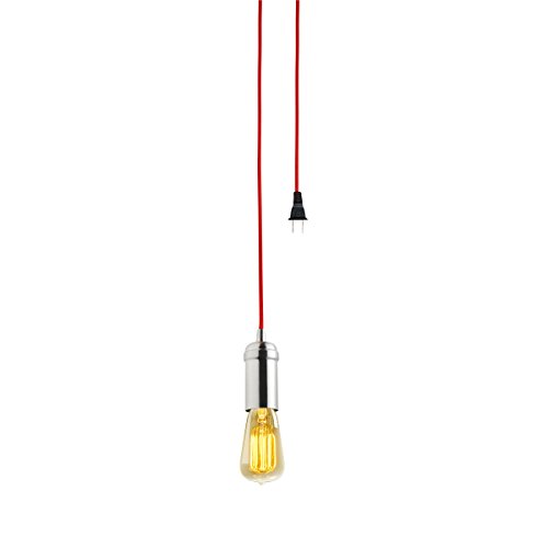 Globe Electric 64917 Edison 1-Light Plug-in Mini Pendant, Brushed Steel Finish, Red Designer Woven Fabric Cord, in-Line On/Off Rocker Switch