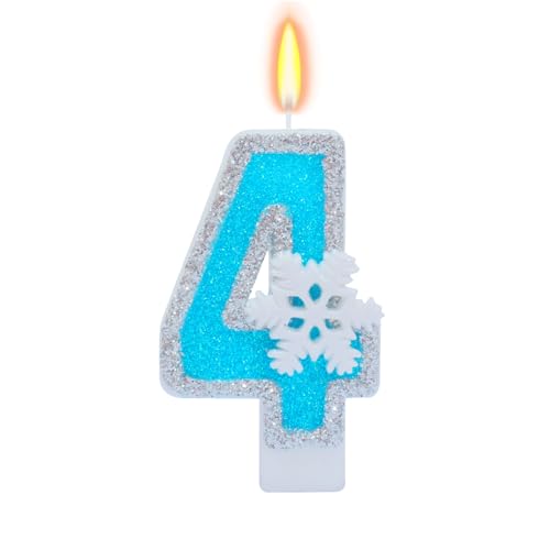 Blue Frozen Birthday Party Decorations, White Snowflake Number Candles 0-9, Kids Adults Birthday Anniversary Wedding Party Supplies, 2.87 inch Number 4 Cake Topper Decoration (Blue, Number 4)