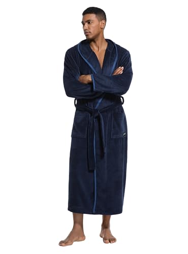 SlumberMee Mens Coral Fleece Plush Robe with Hood Ultra Soft and Warm Full Length Long with Pockets and Piping Luxurious Housecoat (Dark Blue, XL)