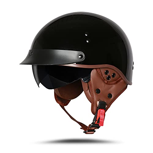 BOSERMEM Casque de moto avec lunettes de protection, homologué DOT/ECE, casque jet de scooter, de cyclomoteur, de mobylette, de chopper, style vintage, noir...