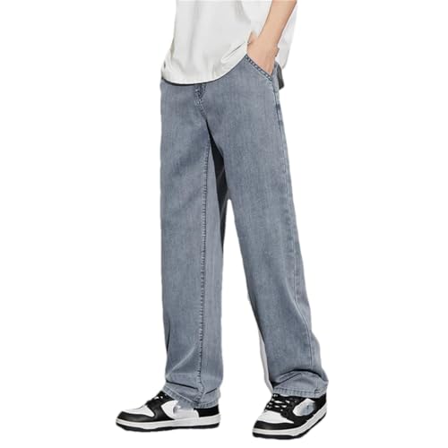 Men's Thin Jeans, Summer High-Stretch Straight Jeans, Blue Zipper Business Trousers