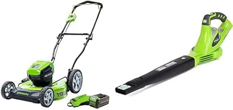 Greenworks 40V 19" Brushless Lawn Mower, Sweeper, 5.0Ah USB Battery and Charger Included