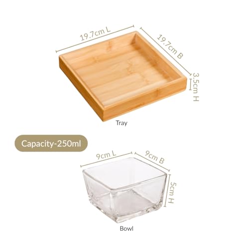 Image of Nestasia Set of 4 Square Glass Bowls (250 ml Each) with Wooden Tray | Transparent Katori for Ice Cream & Dessert, Snacks & Dry Fruits Serving Set for Dining Table, Home & Kitchen - Perfect for Gifting