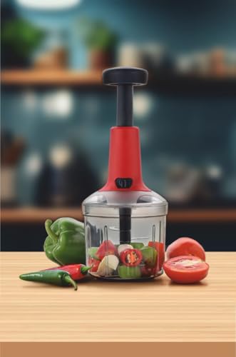 Image of Vegetable Chopper for Kitchen | Hand Chopper for Kitchen use Veg Cutter | Push Chopper 1000ml Capacity | 5 Sharp Stainlee Steel Blades (red)