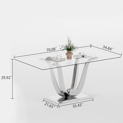 70.08' Rectangle Glass Dining Table with Tempered Glass Top and U-Shape Stainless Steel Legs - Modern Style for Home, Kitchen, Dining Room