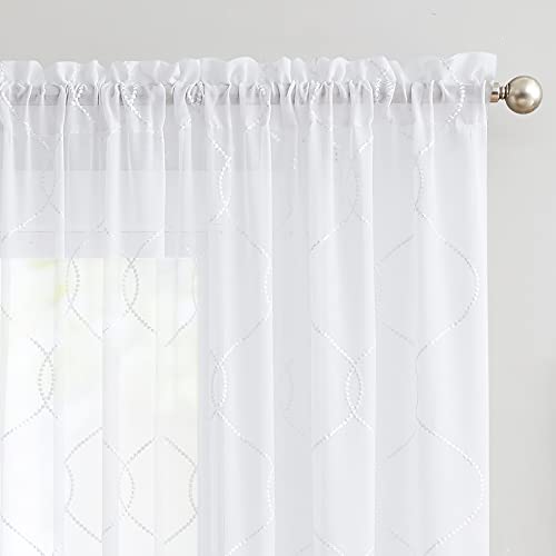 Vangao White Sheer Curtains 95 Inch Long For Living Room Bedroom, Geometric Embroidered Rod Pocket Voile Window Drapes 2 Panels #TOP4