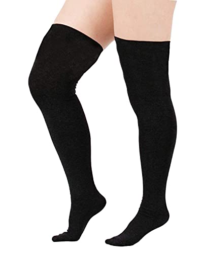 Zando Plus Size Thigh High Stockings Plus Size Long Socks Sexy Cosplay Wide Calf Striped Thigh High Socks Halloween Knee High Socks Girls Warm Socks for Thick Thighs A 1 Pack Black 8-12