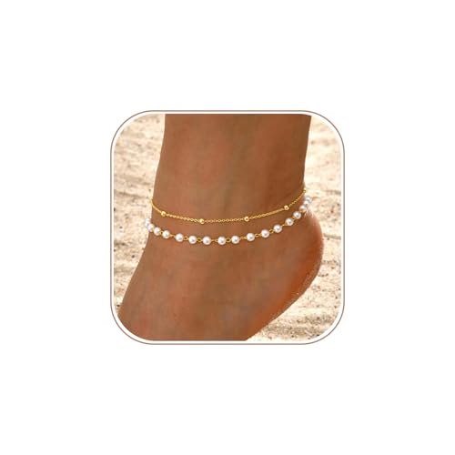 Sewyer Gold Ankle Bracelets for Women Dainty 14K Gold Plated Anklets for Women Waterproof Stackable Pearl Anklet Set Trendy Layered Adjustable Ankle Bracelet Non Tarnish Beach Jewelry Gifts