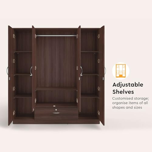 Image of Interio by Godrej Wardrobe EWA 4-Door Engineered Wood Wardrobe for Clothes (Brown), 1-Year Warranty, 8 Shelves, 1 Drawer