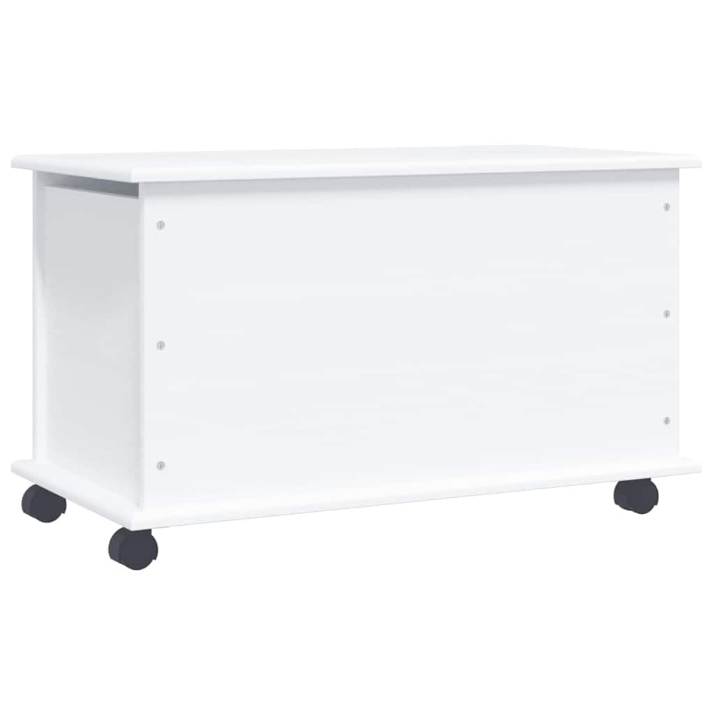 Truhe Mit Rollen ALTA Weiss 73x39,5x43 cm Massivholz Kiefer | 70 Liter Fassungsvermögen, Scharnierdeckel, Leichtgängige Rollen, Pflegeleicht mit feuchtem Tuch
