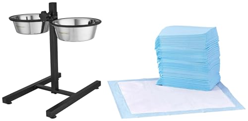 Image of AmazonBasics Pet Training Pads with Leak-Proof Quick-Dry Design, Regular - 50 Piece & Amazon Basics Adjustable Double Diner |H-Base and Two Removable Stainless Steel Bowls 2 X 1500 ml