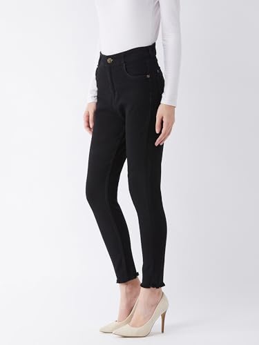 Image of Miss Chase Women's Skinny High Rise Cropped Fringed Hemline Detailing Stretchable Denim Jeans